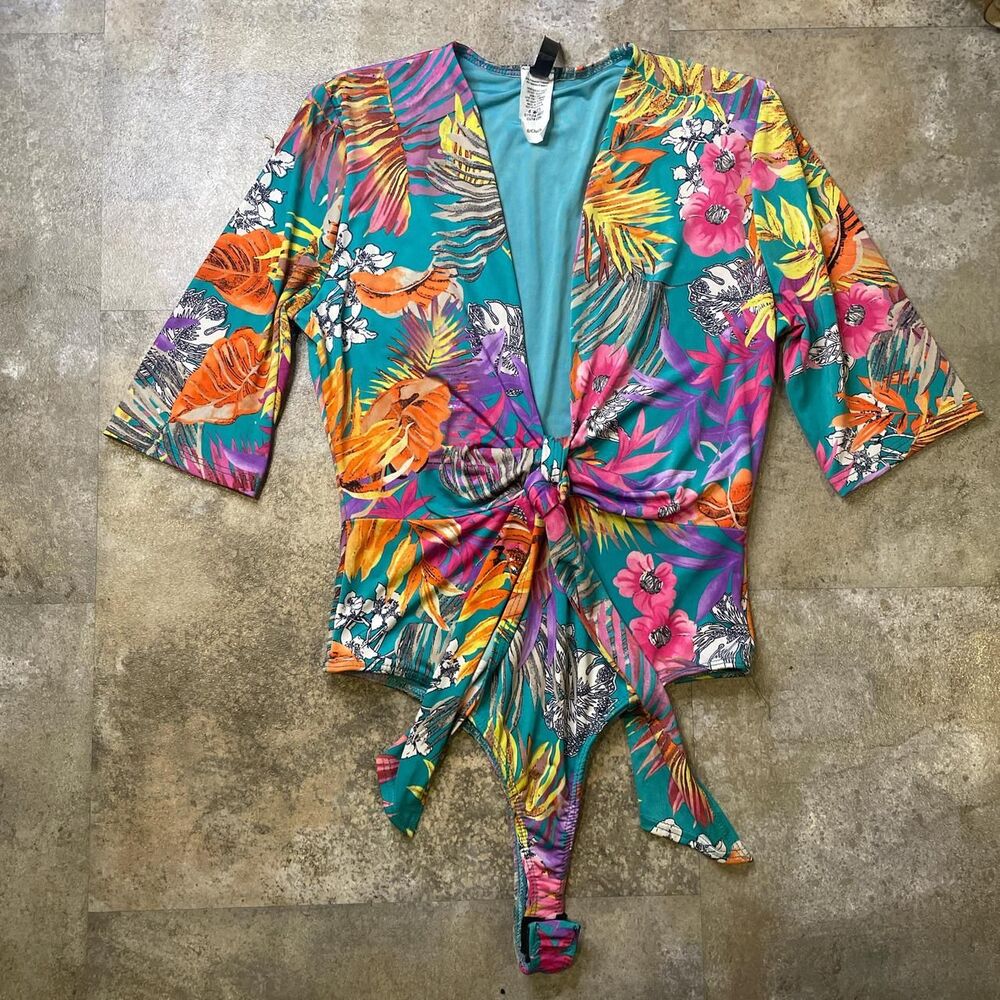vintage y2k multicolored v neck half sleeve tropical bodysuit size small